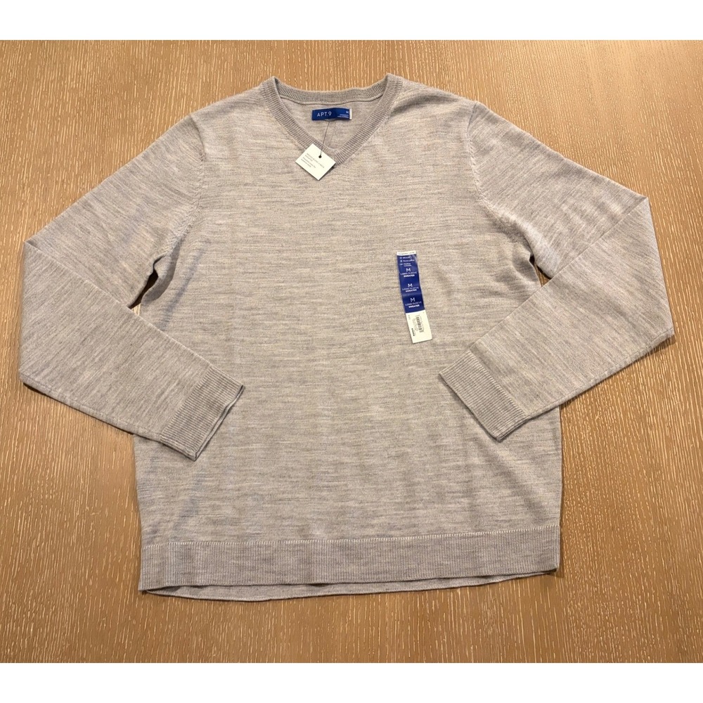 APT 9 Merino Blend V-Neck Sweater Gray Mens Medium NWT Soft Knit Long Sleeve